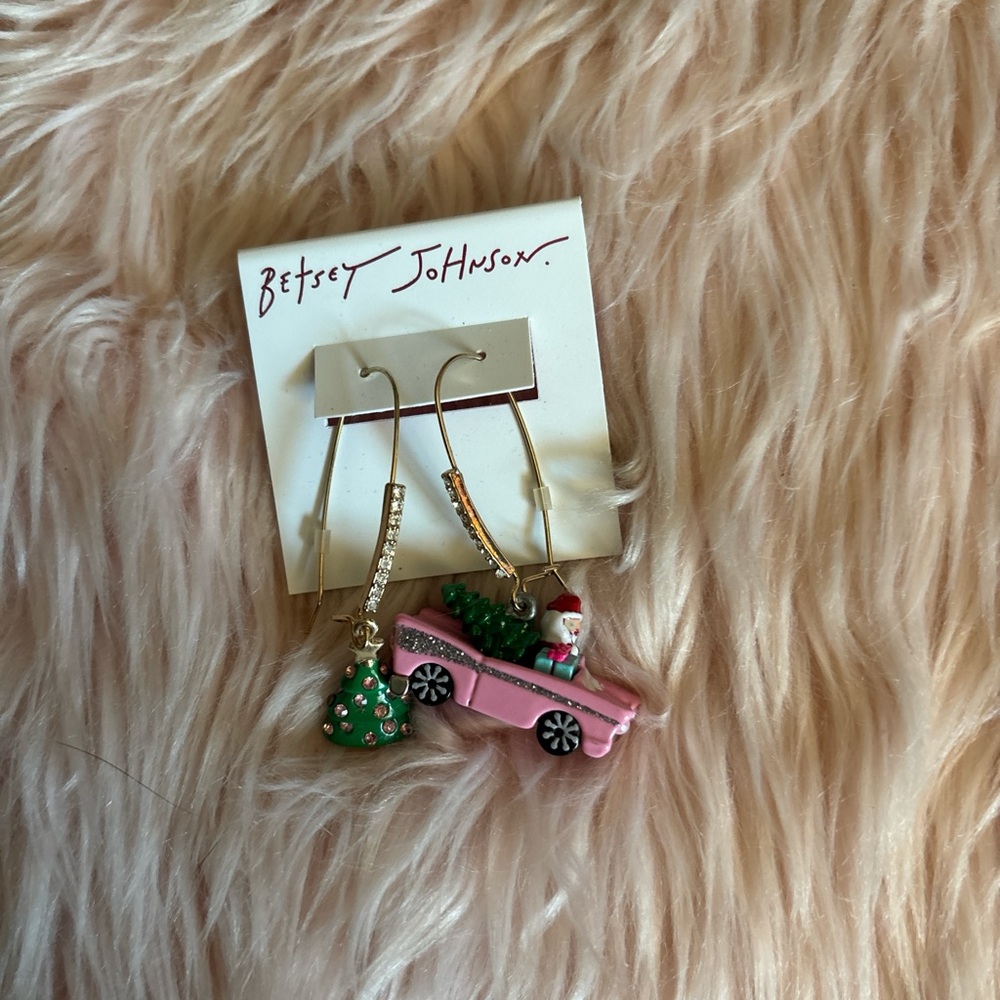 Betsey Johnson Pink Car with Green Christmas Tree Drop Earrings